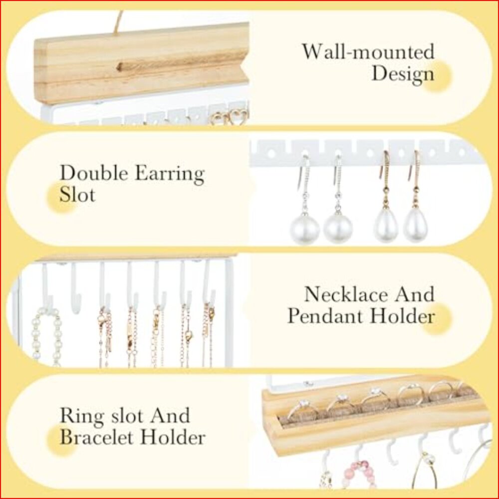 5-Tier Hanging Jewelry Organizer with Wall Mount, White Metal and Wood - Picture 6 of 7